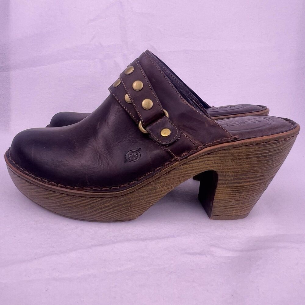 Born Brown Leather Platform Mules Chunky High Heel Clogs Studded Buckle Size 11 - Picture 3 of 16